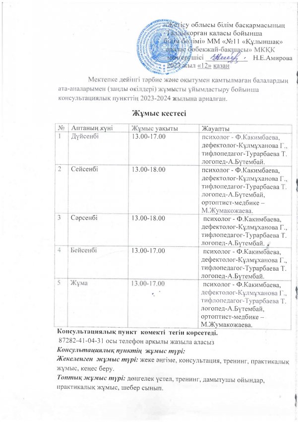 Консультациялық пунктің жұмыс кестесі